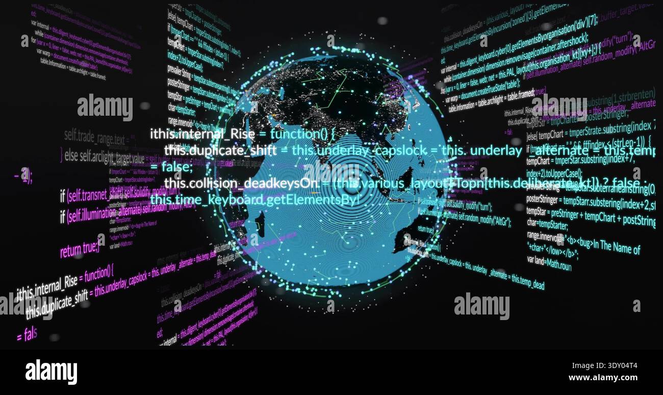 Rotating stylized Earth globe showing neon nodes across virtual panel, with floating code columns Stock Photo