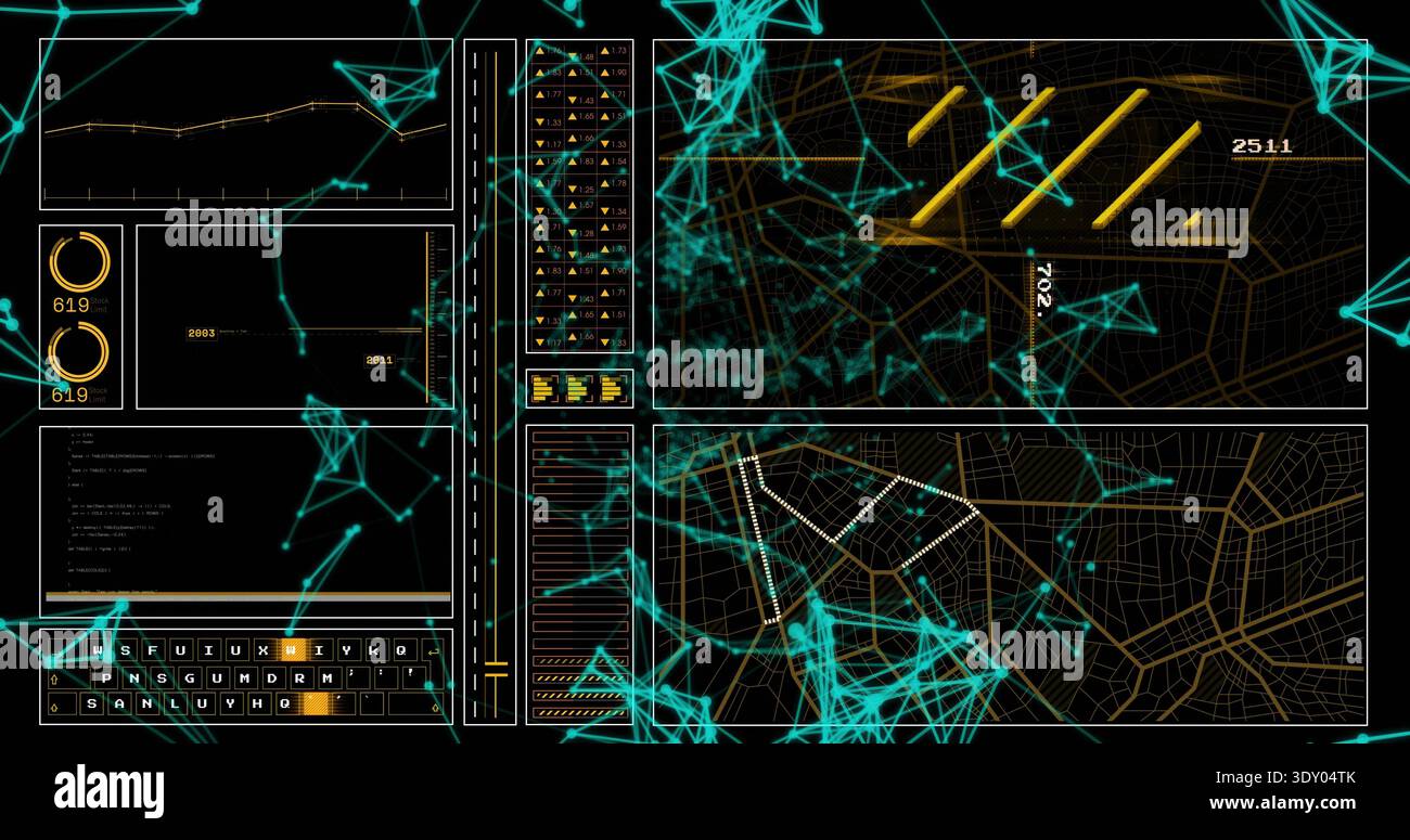 Displaying digital dashboard showing maps, gauges, keys and tiles at console with teal mesh Stock Photo