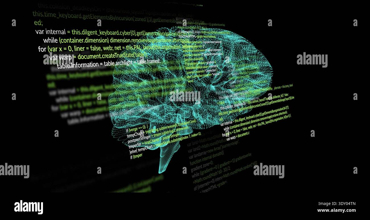 Glowing neon 3D wireframe brain pulsing in virtual void, showing green code and glowing nodes Stock Photo