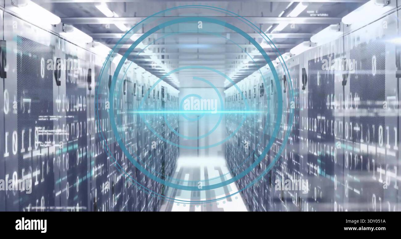 Showing central server aisle featuring perforated racks and visible binary overlay in data center Stock Photo
