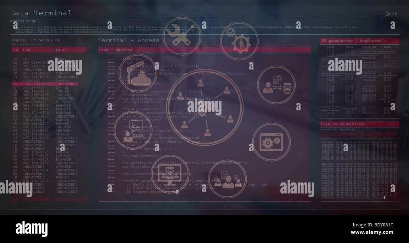Displaying translucent data terminal interface at workstation, with circular network diagram Stock Photo