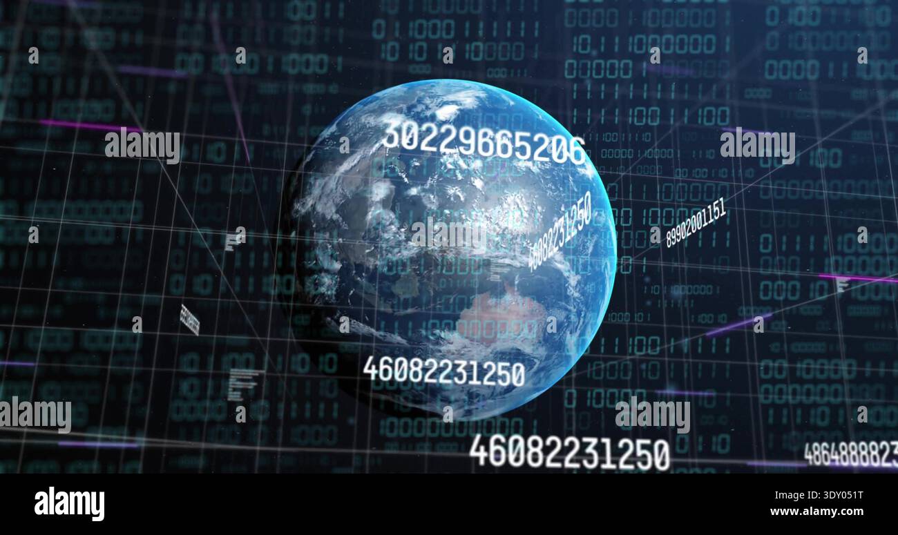 Rotating 3D globe showing clouded continents in data grid, overlaying numeric IDs, binary, neon Stock Photo