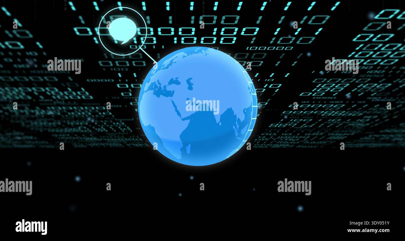Glowing blue globe hovering in virtual cyberspace, connecting with binary streams and HUD node Stock Photo