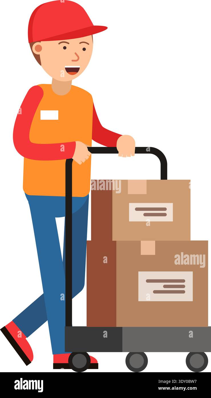 Storage worker push warehouse trolley with paper boxes Stock Vector
