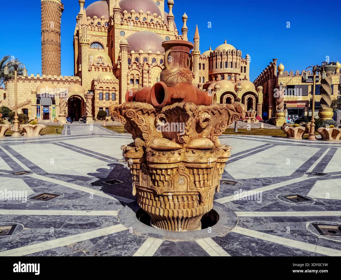 Egypt, Sharm El Sheikh - January 17, 2020: Fountain in the Old Market Square in Sharm El Sheikh. Ceramic sculpture decorated with clay amphoras - Smartphone Captured Stock Image
