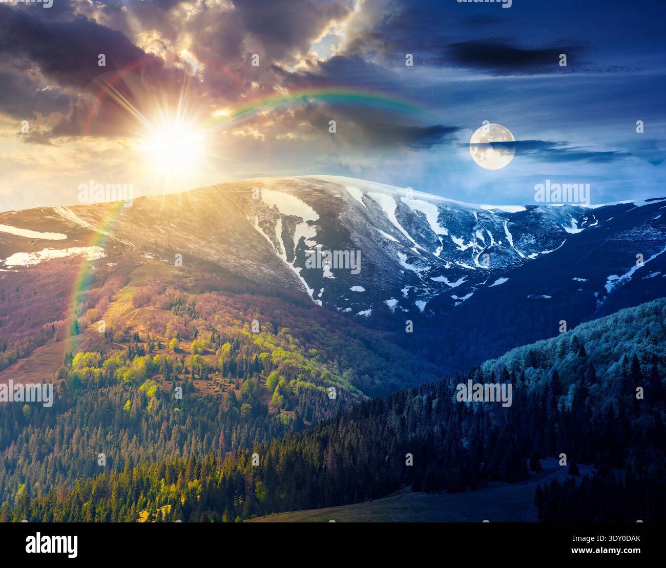 sun and moon over nature image of ridge with snow capped tops in spring landscape. mountain background wallpaper. day meet night. greenery scenery wit Stock Photo