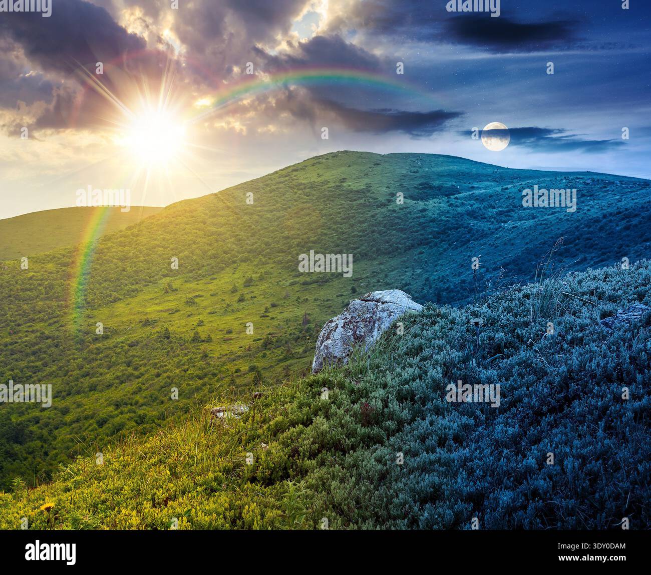 mountain landscape during summer solstice. day and night time change concept. alpine meadows on green slopes and hills with sun and moon. exploration Stock Photo