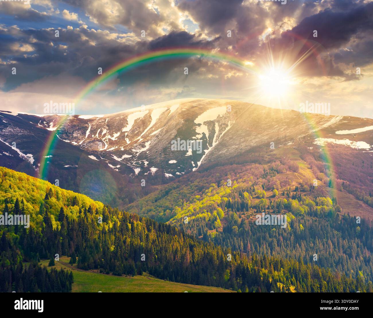 sunset over nature image of ridge with snow capped tops in spring landscape. mountain background wallpaper. greenery scenery with forested slopes unde Stock Photo