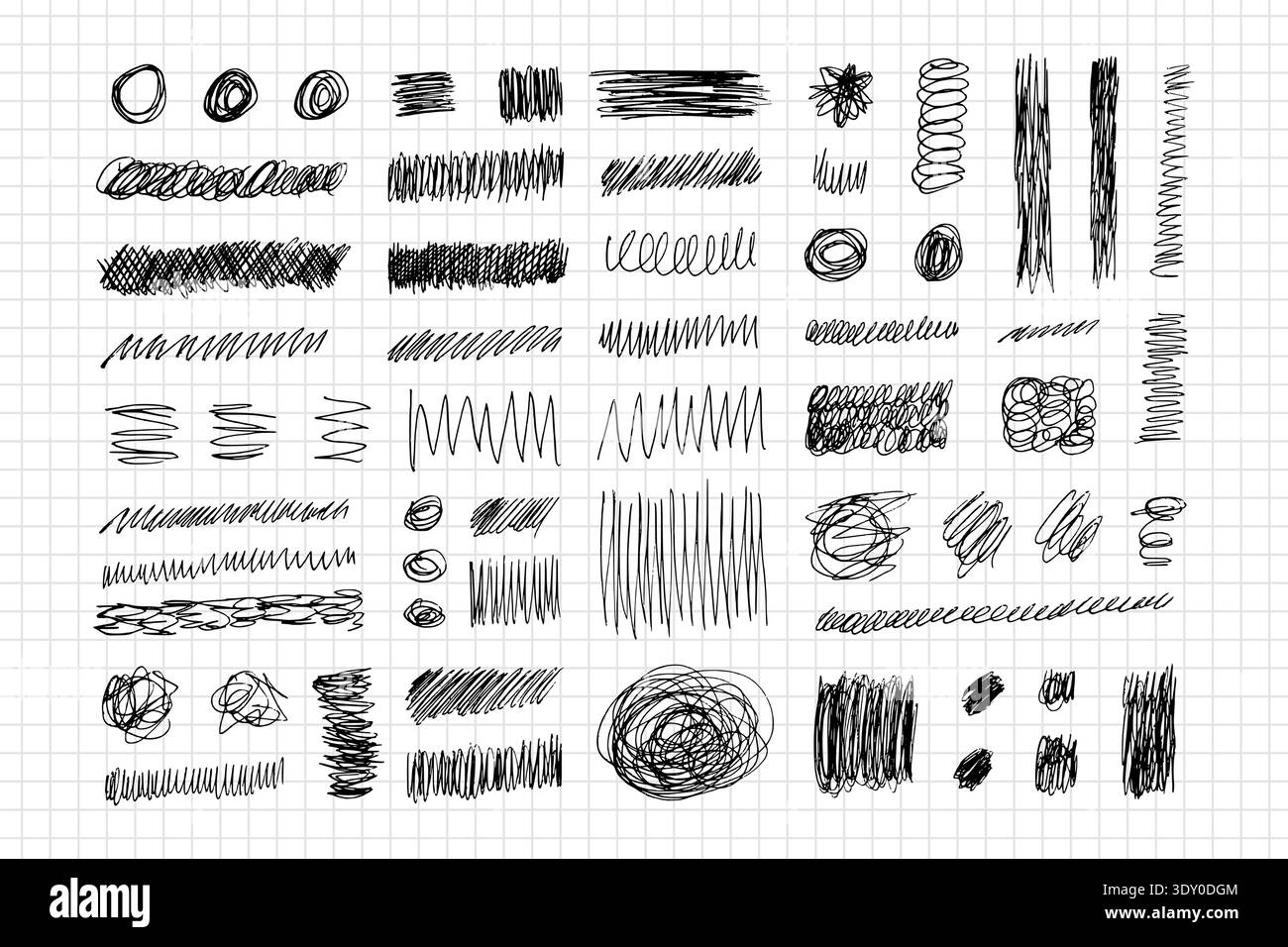 Messy pen scratch set with hand drawn scribbles, lines, circles and chaotic marks, abstract doodle collection for notes, sketches, textures, backgrounds, creative design elements and illustration Stock Vector