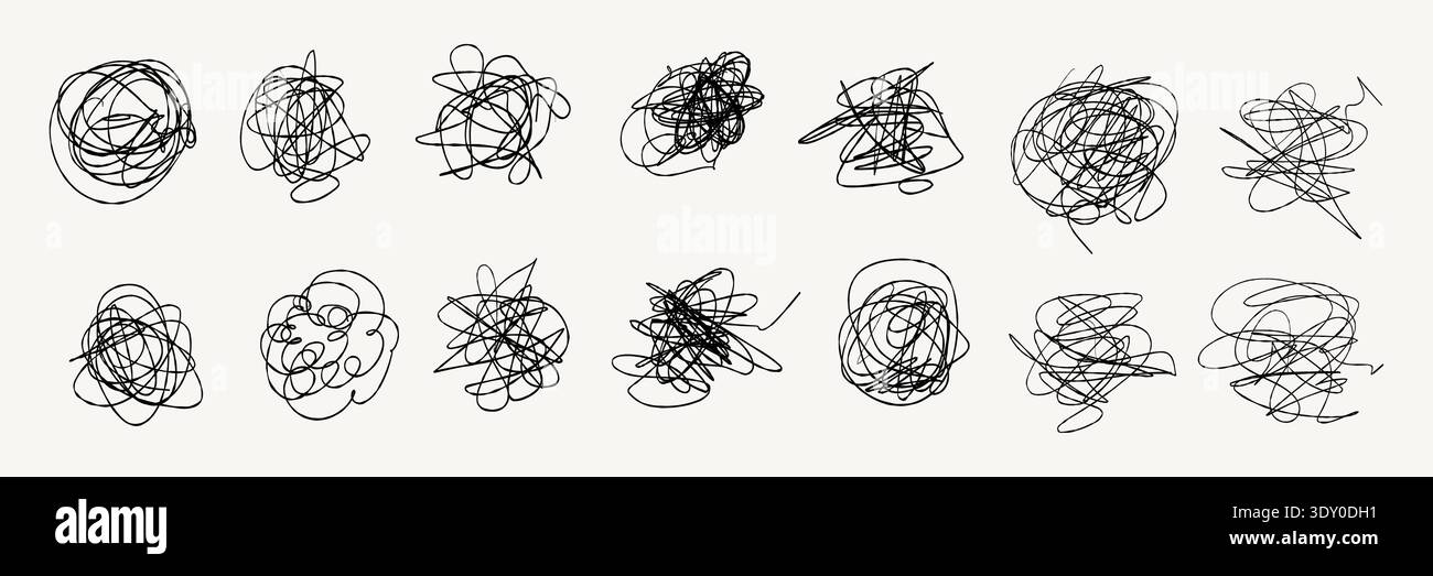 Hand drawn pencil messy scribble and pen scratch texture with doodle circles. Website background elements that use a raw messy pen scratch texture Stock Vector