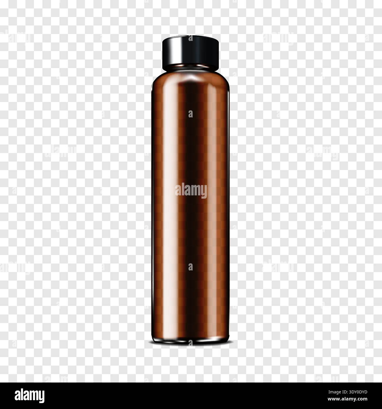 Blank dark brown clear glass or plastic bottle with black screw cap on transparent background realistic mock-up. Beauty product cylindrical container Stock Vector