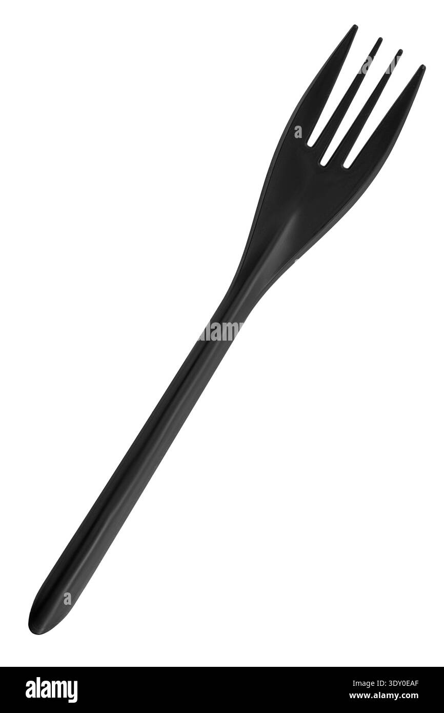 Black plastic disposable fork isolated on white background Stock Photo