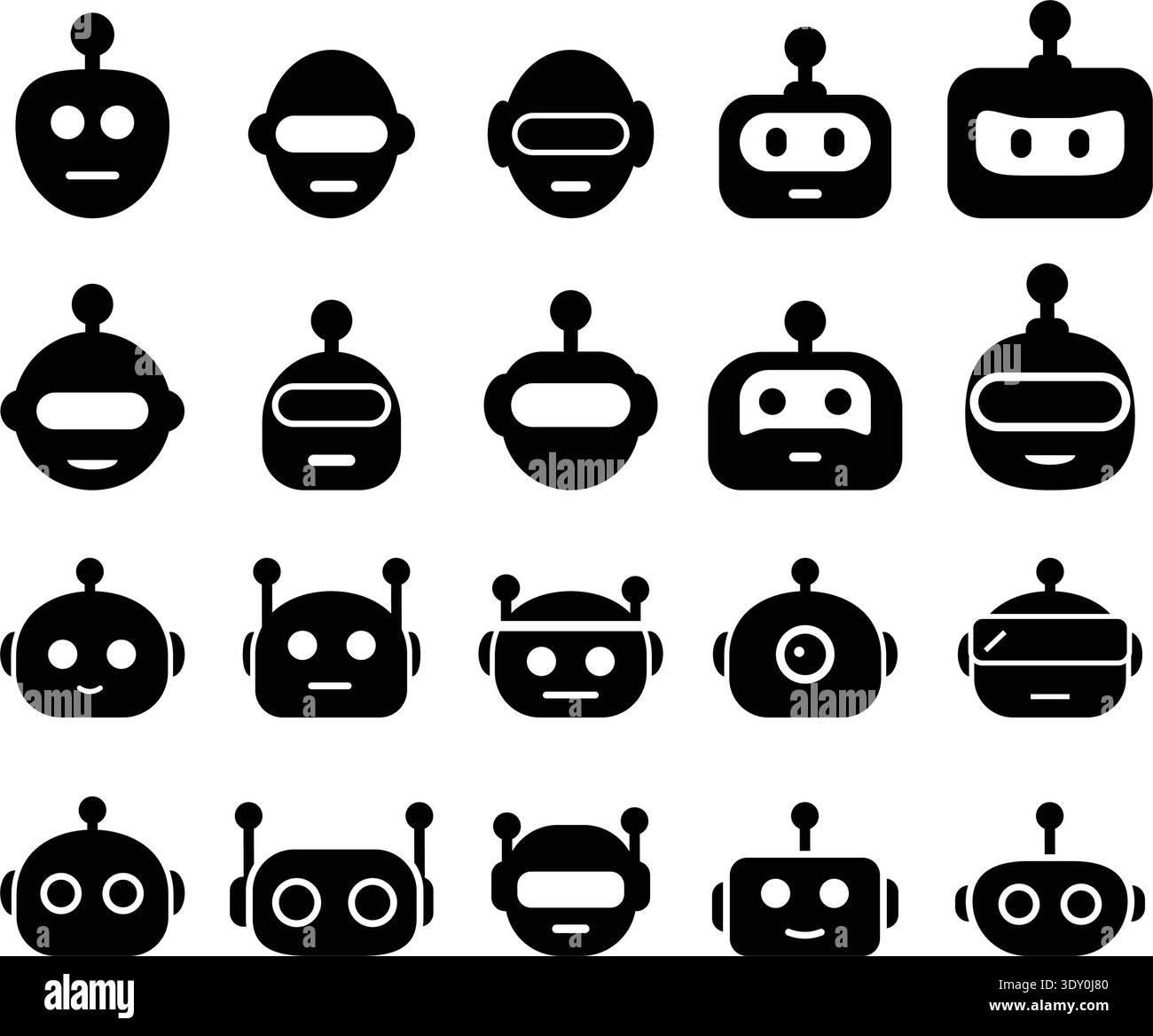 Cute minimal solid black ai chatbot head mascot vector illustration bundle robot bot face icons for technology app ui Stock Vector