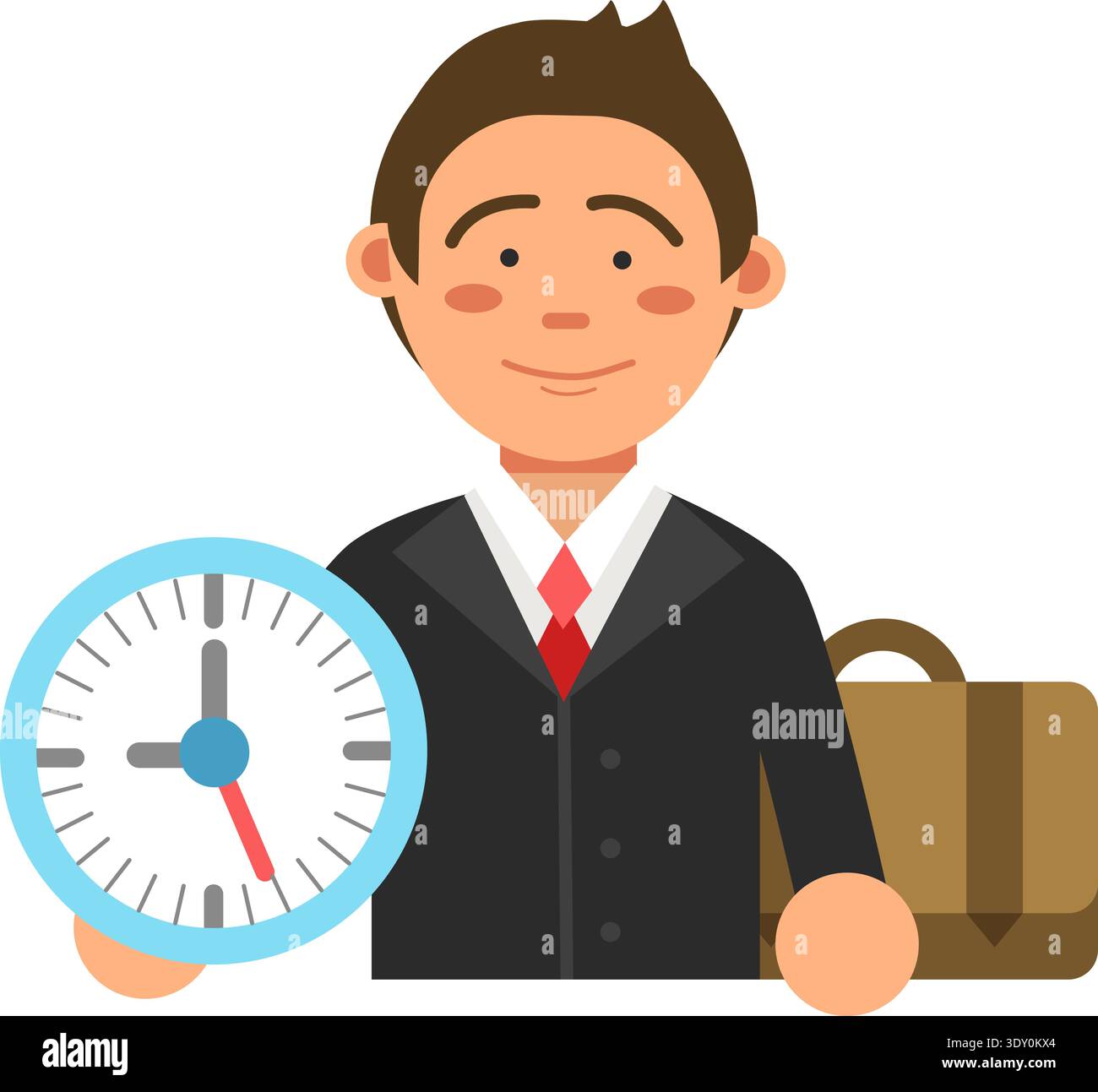 Office worker hold clock. Work hours cartoon icon Stock Vector