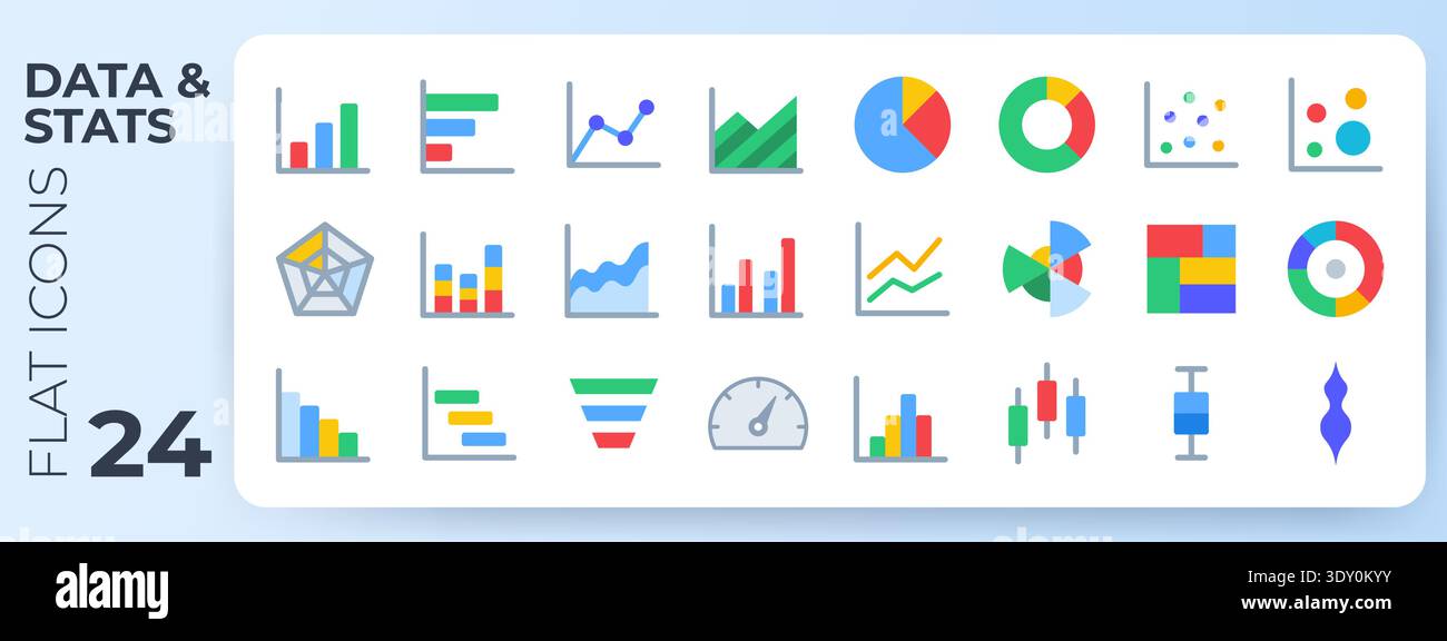 Data visualization and statistics flat icons including bar charts, pie graphs, area plots, candlesticks, and financial analytics elements for Stock Vector