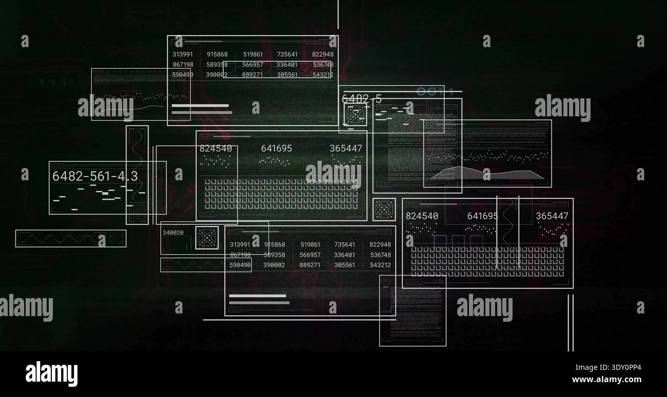 Displaying central overlapping UI windows on dark dashboard, showing key grid, code, waves, guides. Abstract, neon, glitch, scanlines, data, visualiza Stock Photo