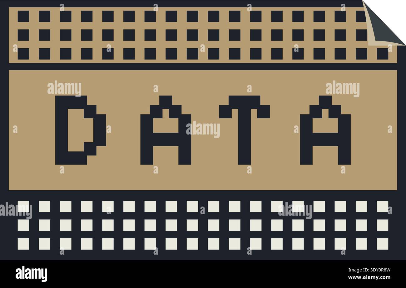 Pixel terminal style label with data text and grid blocks resembling a digital interface Stock Vector