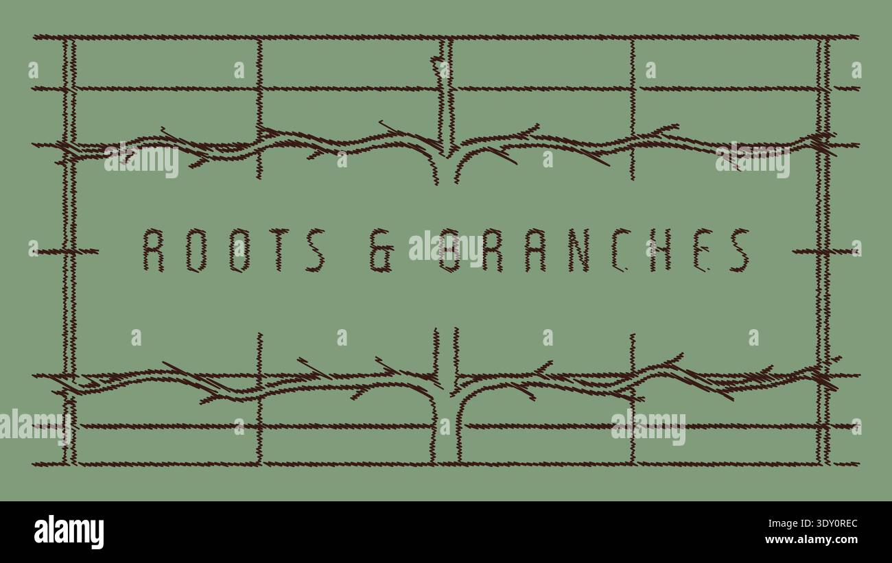 Rustic stitched frame label with roots and branches text and sketchy border lines Stock Vector