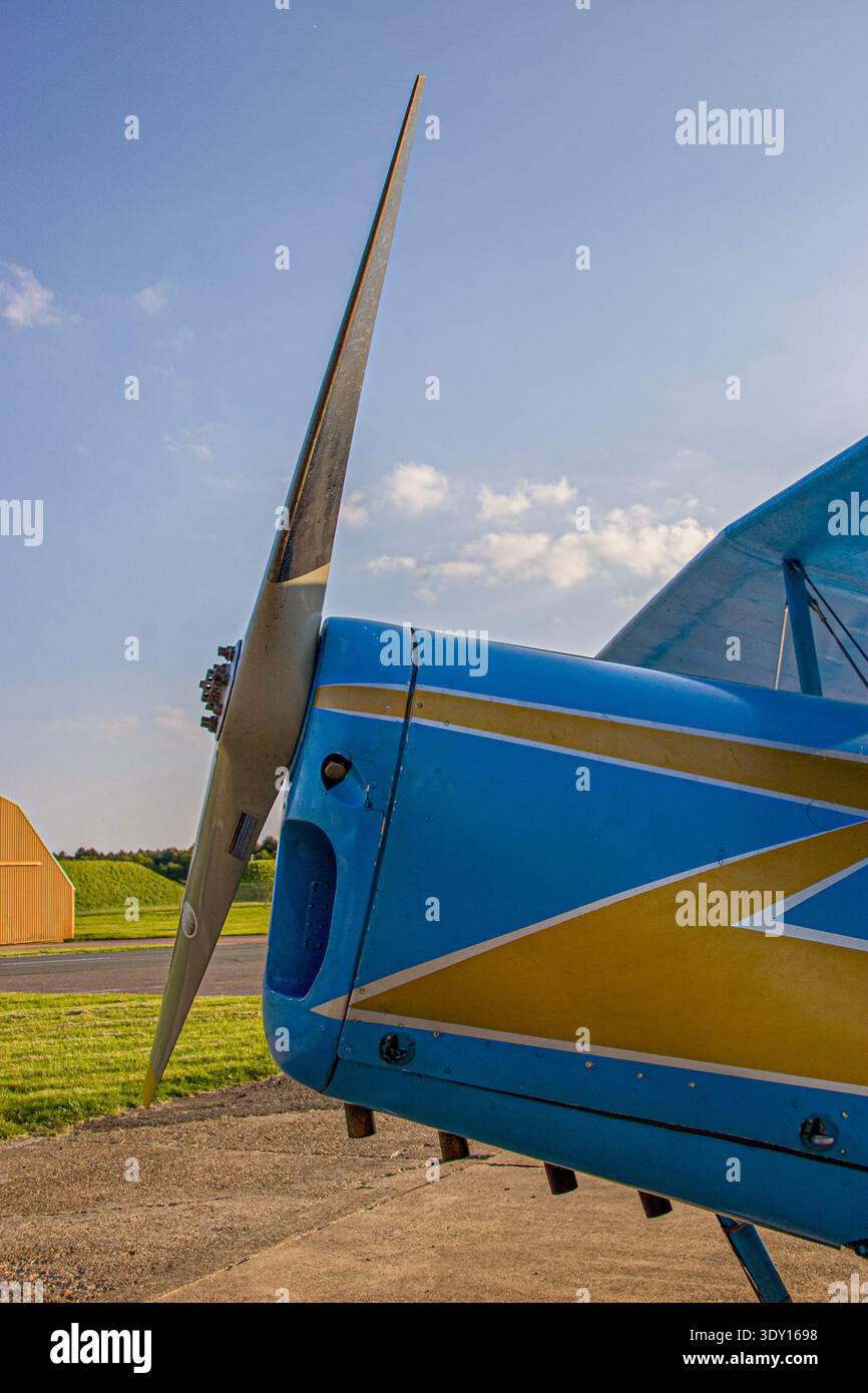 Engine cowling and propeller of a 1930's French Stampe biplane parked ...