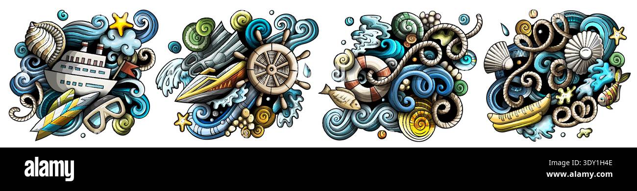 Marine cartoon vector doodle designs set. Stock Vector