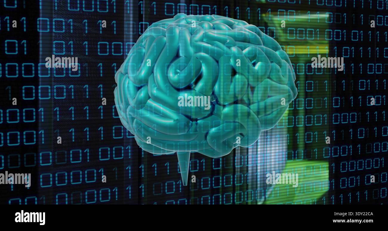 Floating 3D teal brain model hovering over virtual data backdrop, showing binary streams and panels. Neural, cortex, translucent, grid, cyan, blue, in Stock Photo