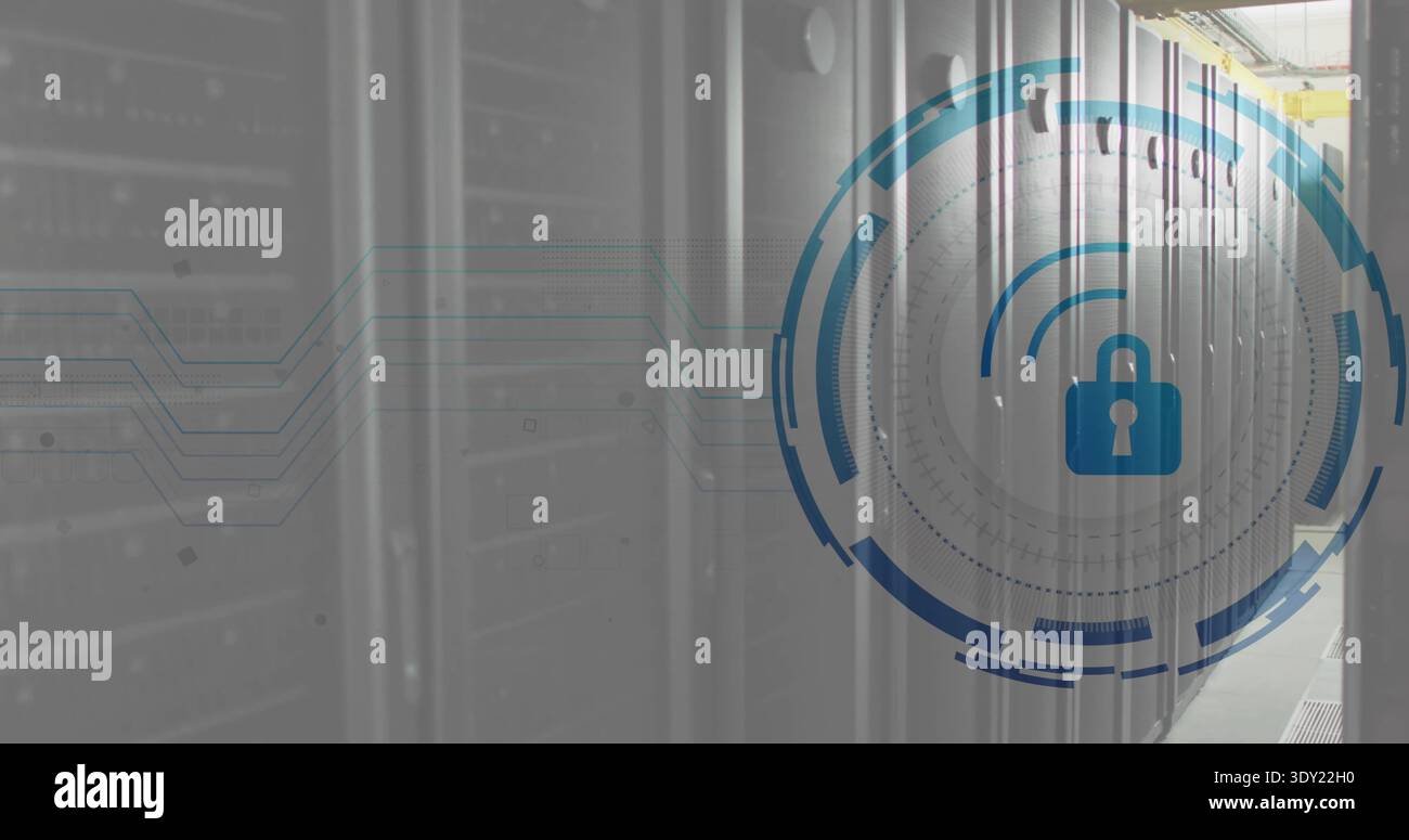 Projecting large blue security HUD with padlock over metal server racks in data center aisle. Cabinet, corridor, industrial, cyber, overlay, encryptio Stock Photo