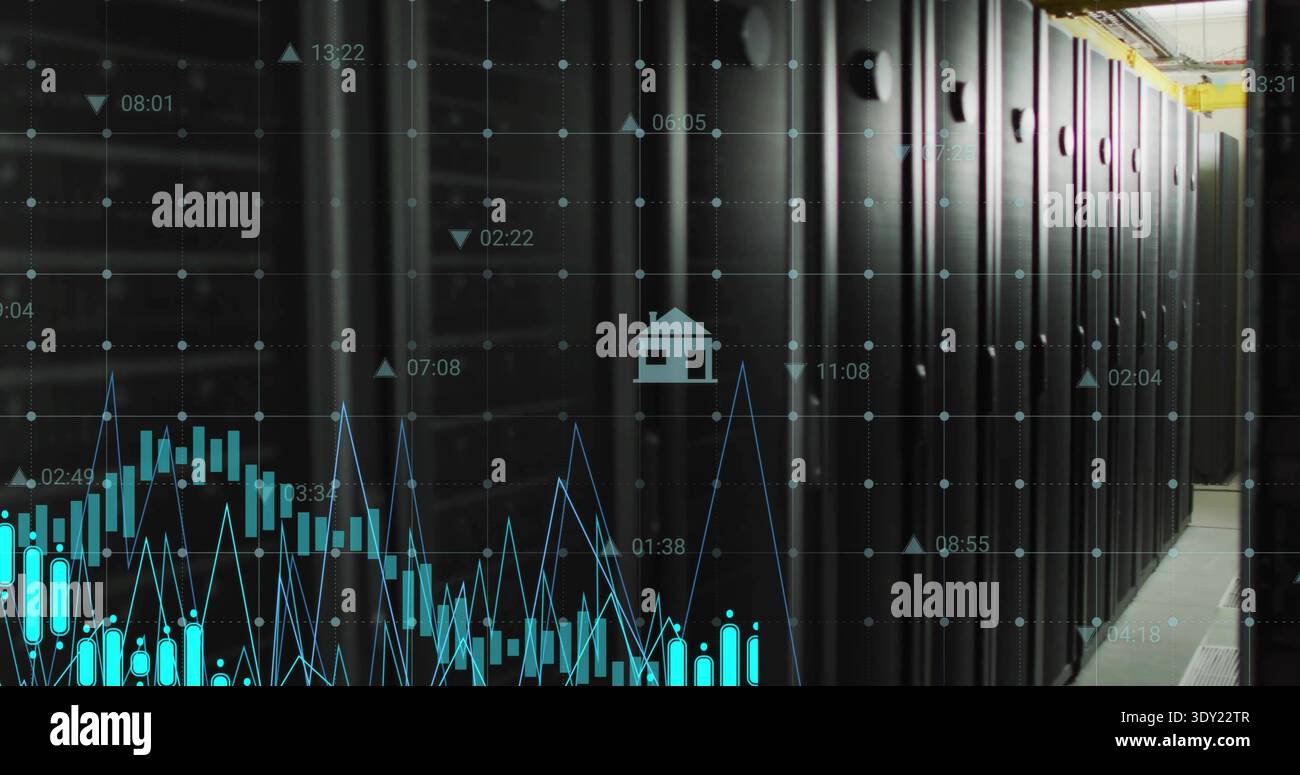 Server racks receiving live data feed, overlaying finance candlesticks ...