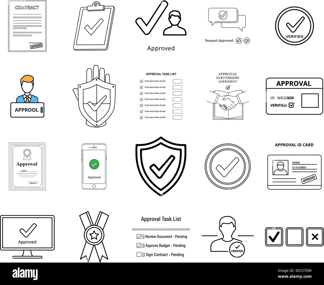 A collection of various security and verification icons and approval ...