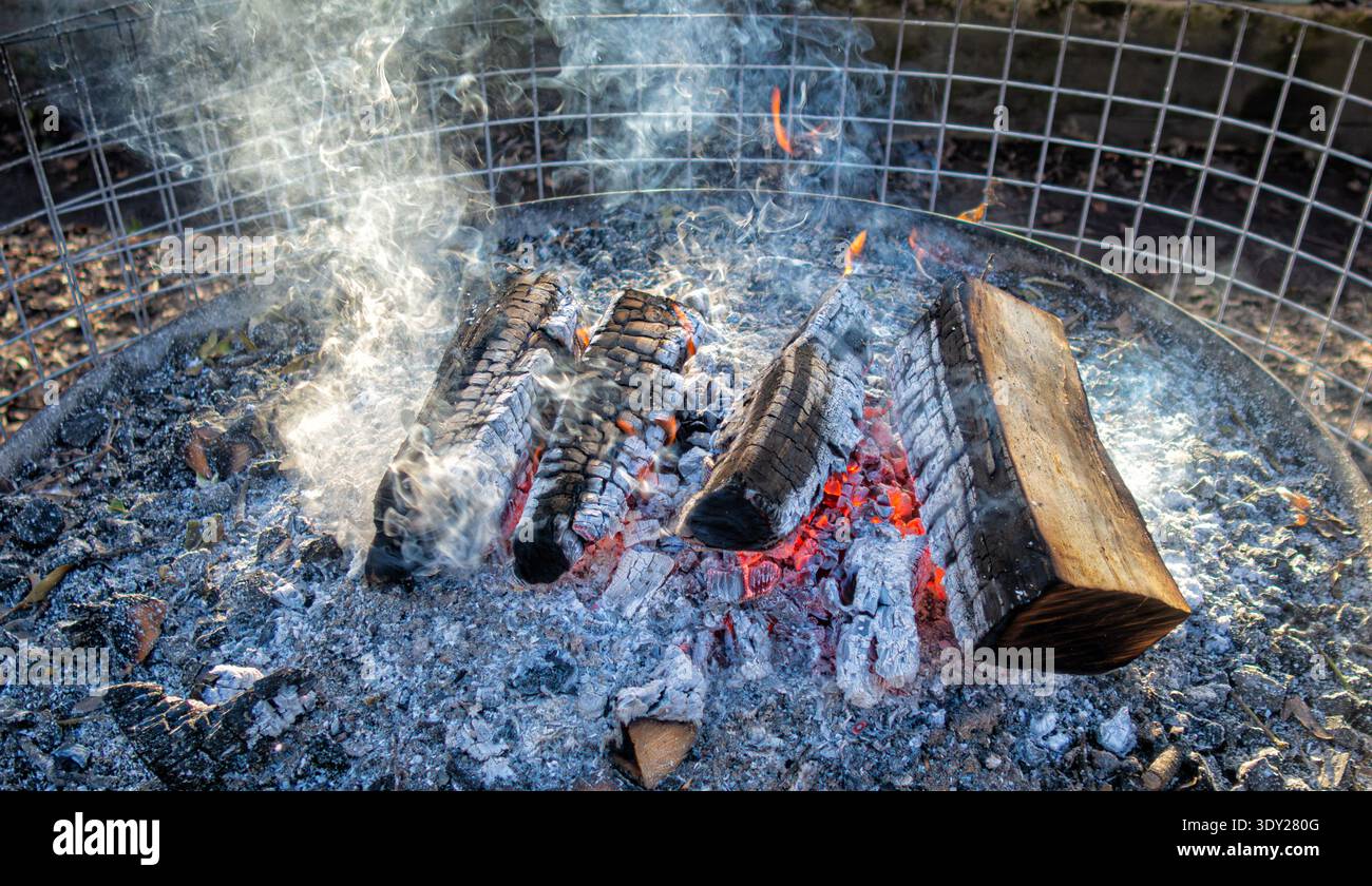Burning logs in fire pit - United Kingdom Stock Photo