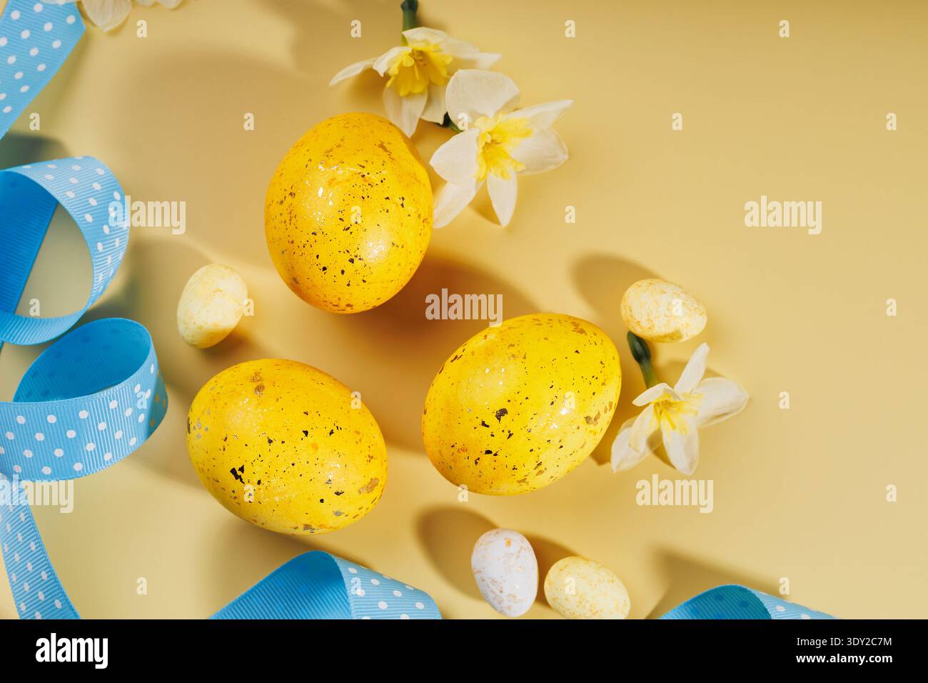 Top view of holiday Easter composition on beige background Stock Photo