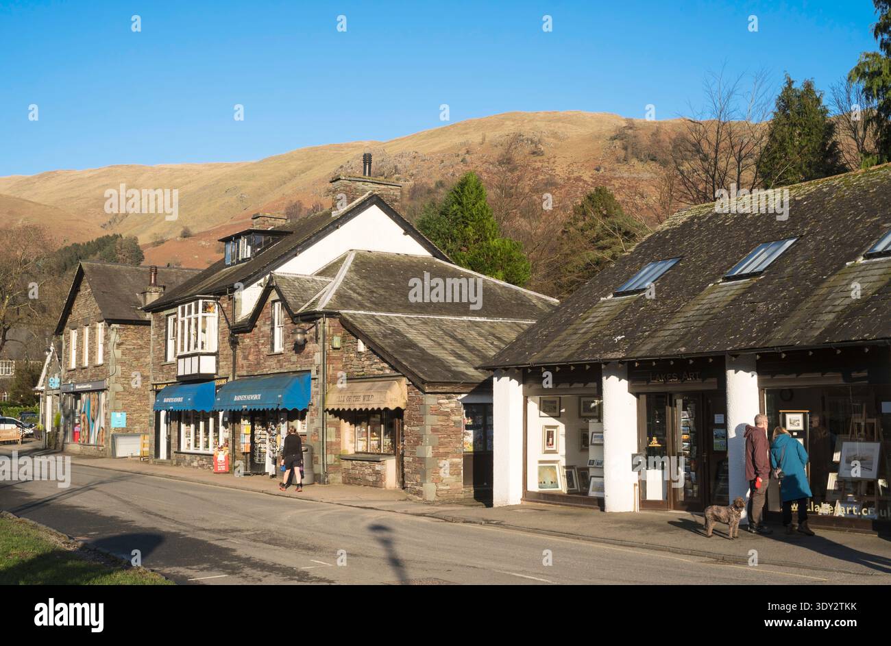 Businesses on Broadgate in Grasmere, Cumbria, England, UK Stock Photo