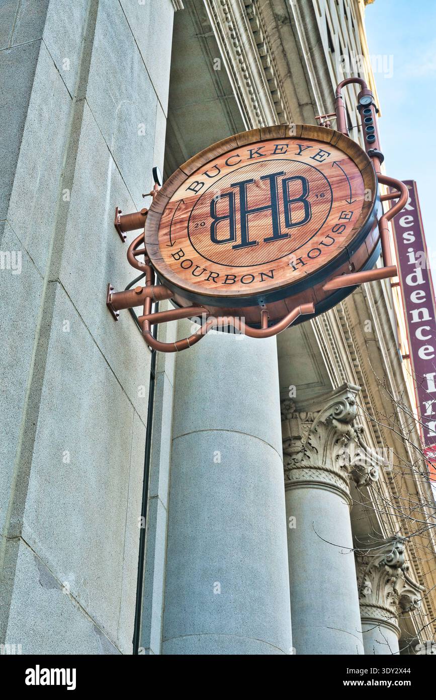 Buckeye Bourbon House offers hard to find Bourbons, Whiskeys in downtown Columbus Ohio. USA 2026 Stock Photo