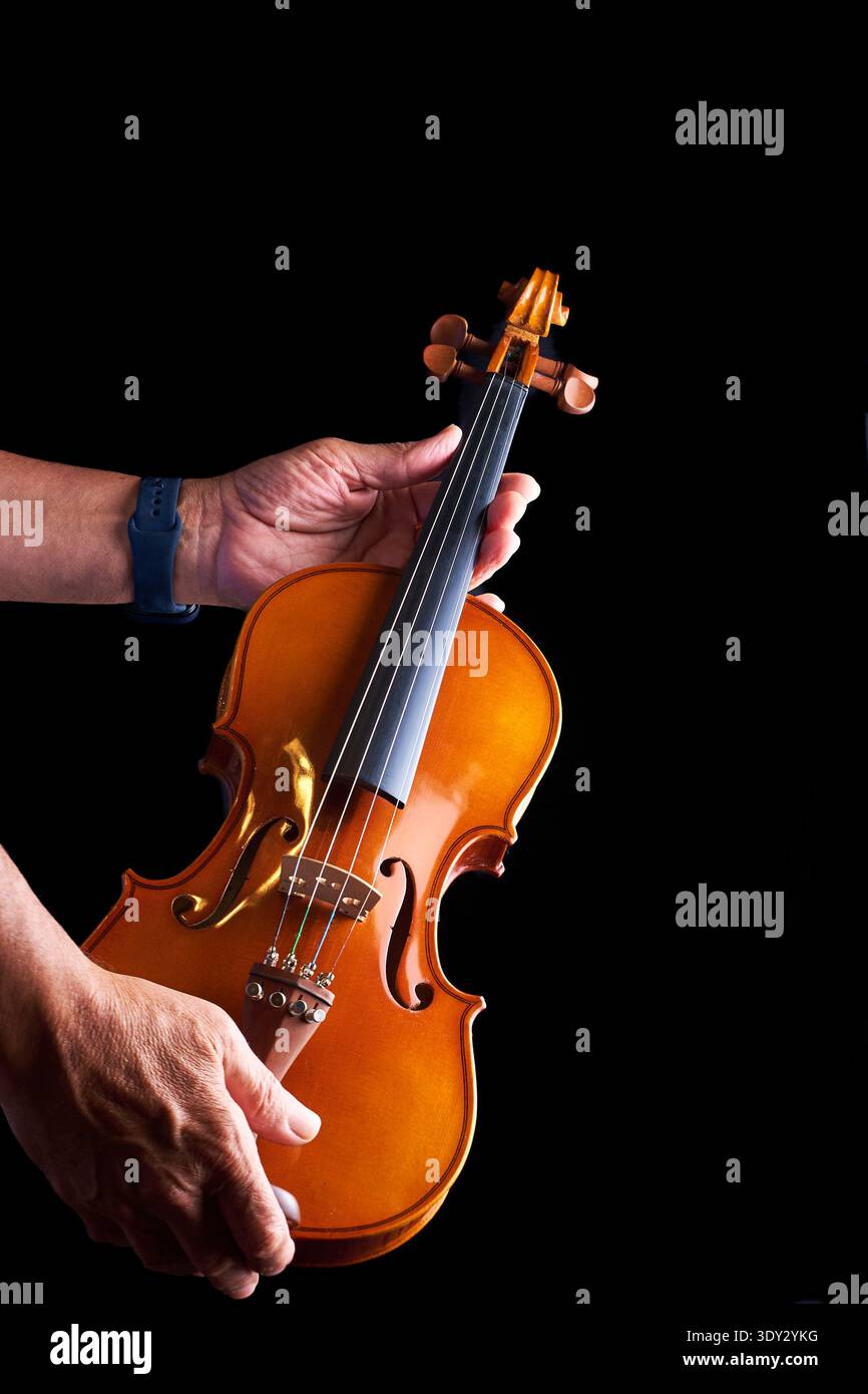 Person's hands holding a classical wooden violin on a black background Stock Photo
