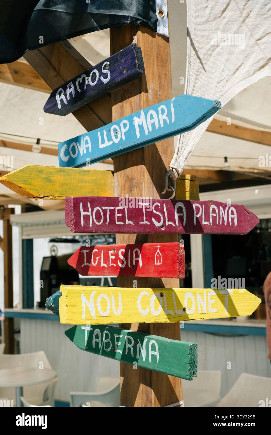 Colorful beach direction signs guide to restaurants, hotels, and ...