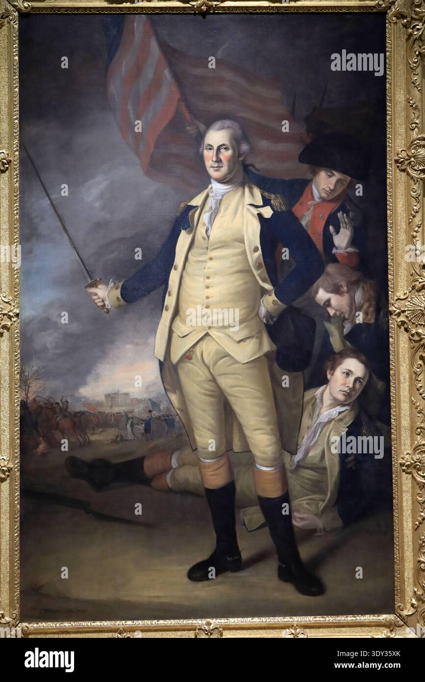 George Washington at the Battle of Princeton, 1783-84 by Charles Willson Peale display in Princeton University Art Museum, Princeton, New Jersey, USA Stock Photo