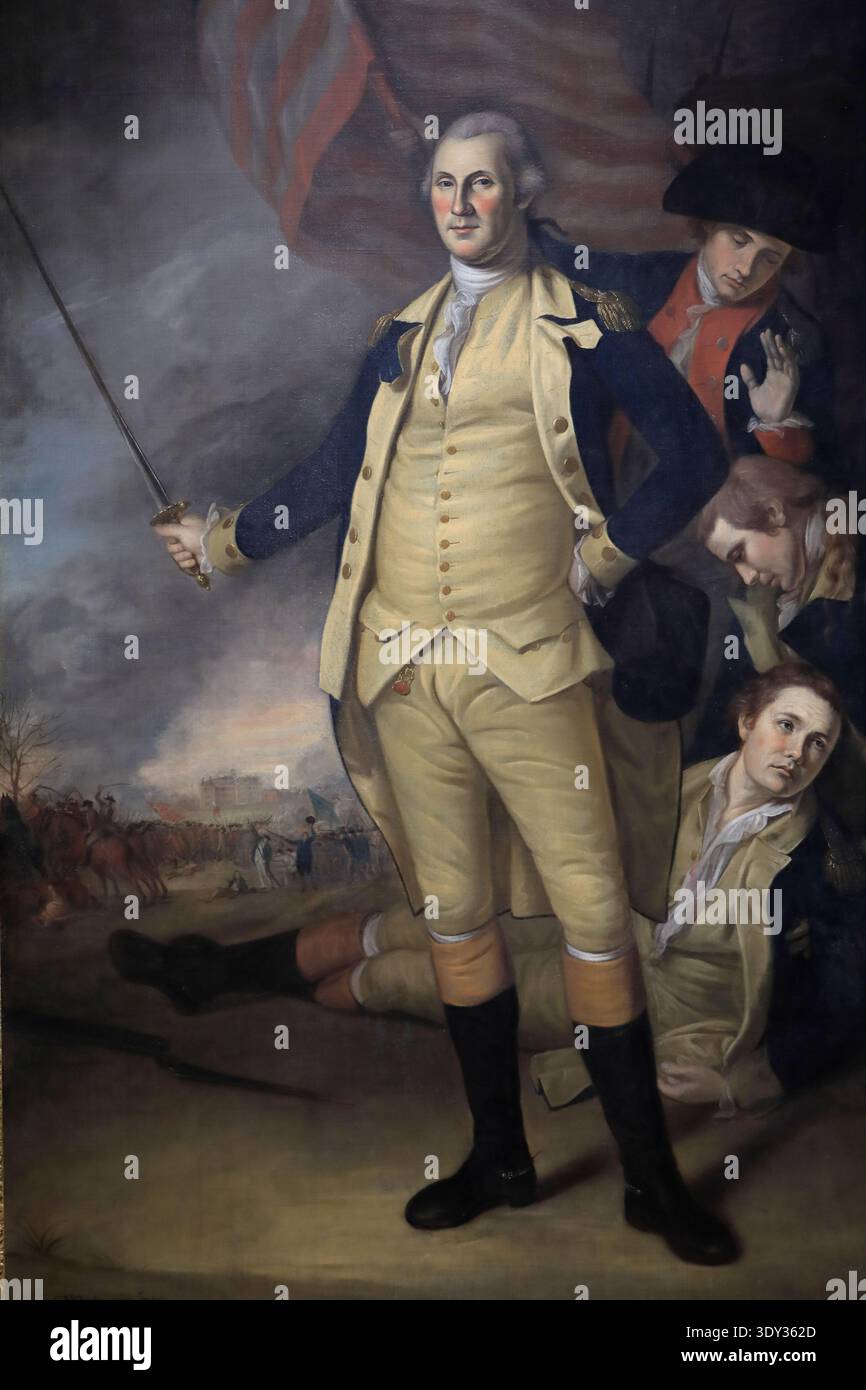 George Washington at the Battle of Princeton, 1783-84 by Charles Willson Peale display in Princeton University Art Museum, Princeton, New Jersey, USA Stock Photo