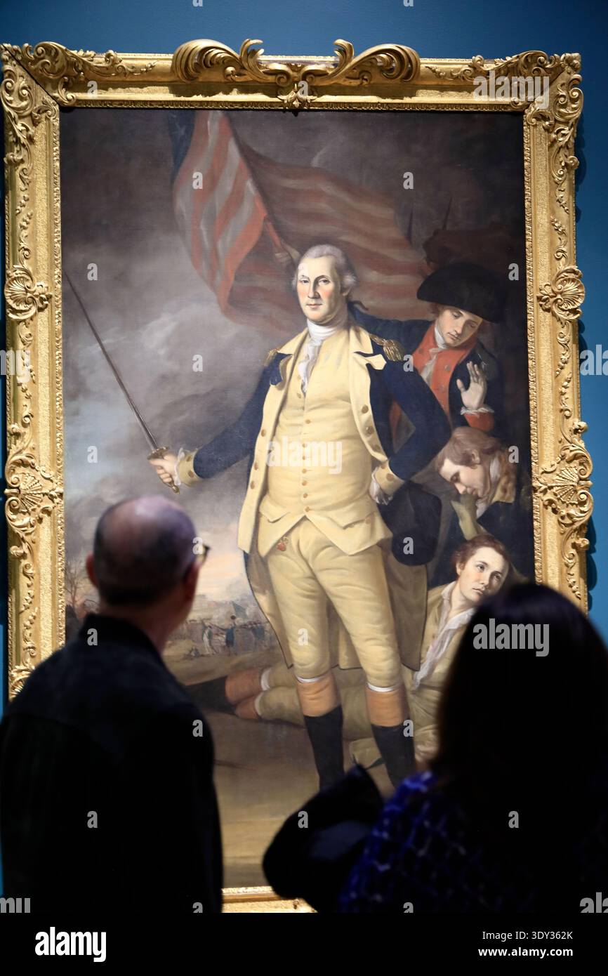 Visitors admiring the George Washington at the Battle of Princeton, 1783-84 by Charles Willson Peale display in Princeton University Art Museum, Princeton, New Jersey, USA Stock Photo