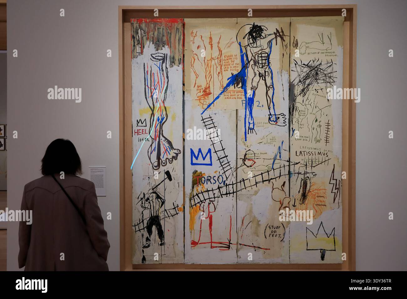 A visitor admiring Jean-Michel Basquiat's Leonardo da Vinci's Greatest Hits,1982 in Princeton University Art Museum.Princeton,New Jersey, USSA Stock Photo