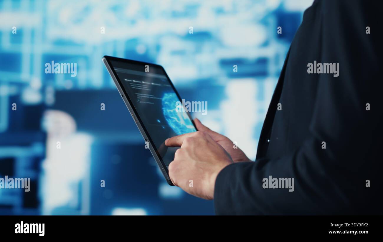 Professional IT engineer uses modern digital AI neural networks for machine learning and virtual assistant, coding for artificial intelligence brain development. Smart tech innovation. Camera A. Stock Photo