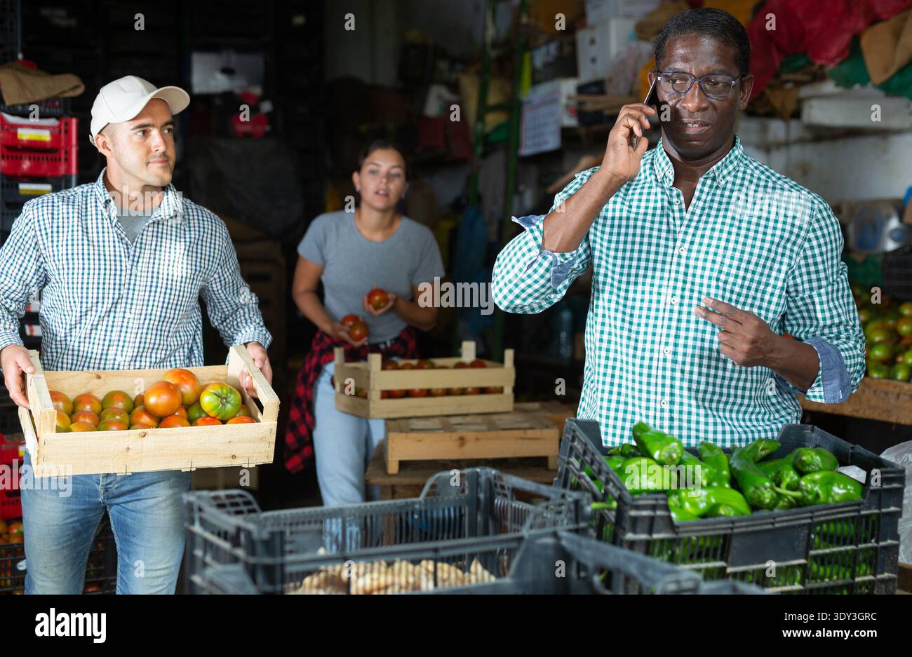 Man talking on phone in vegetable warehouse Stock Photo