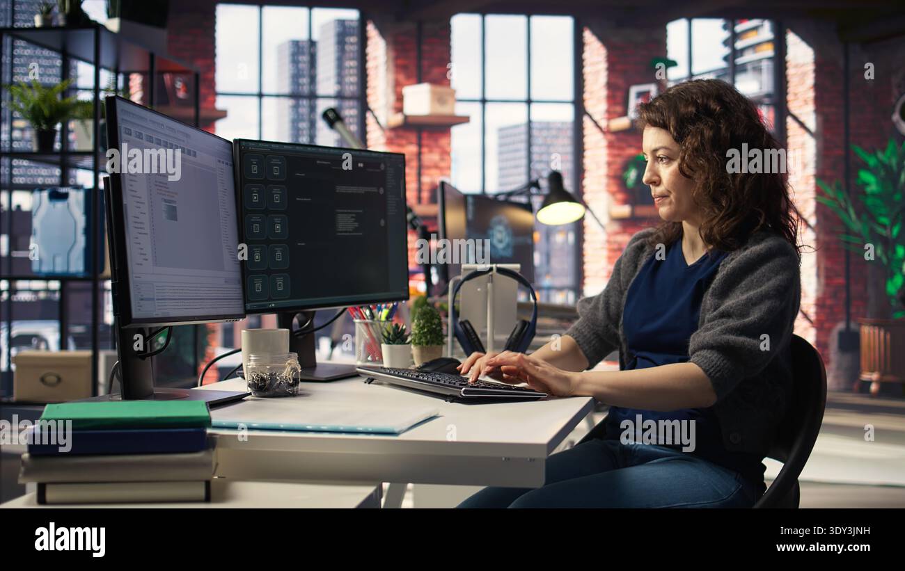 Freelancer uses AI chatbot system to find a solution for task completion, meeting deadlines using prompts and generative models. Smart algorithms and machine learning. Camera A. Stock Photo