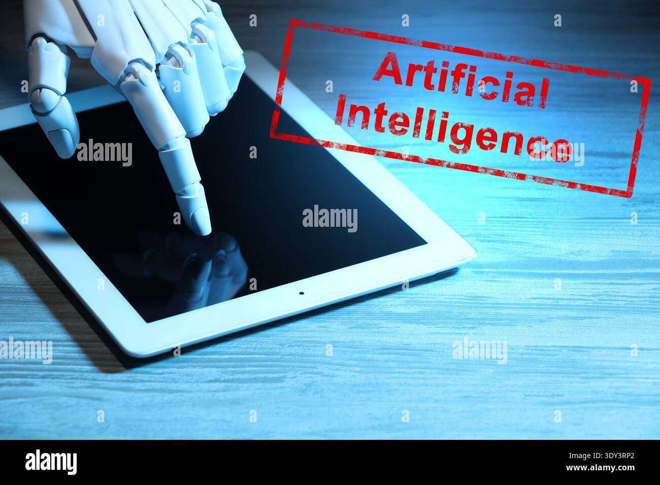Robot using tablet computer. Red stamp Artificial Intelligence Stock Photo