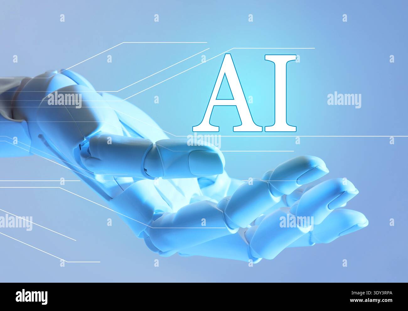 Robot hand holding virtual AI sign against grey gradient background. Artificial intelligence concept Stock Photo