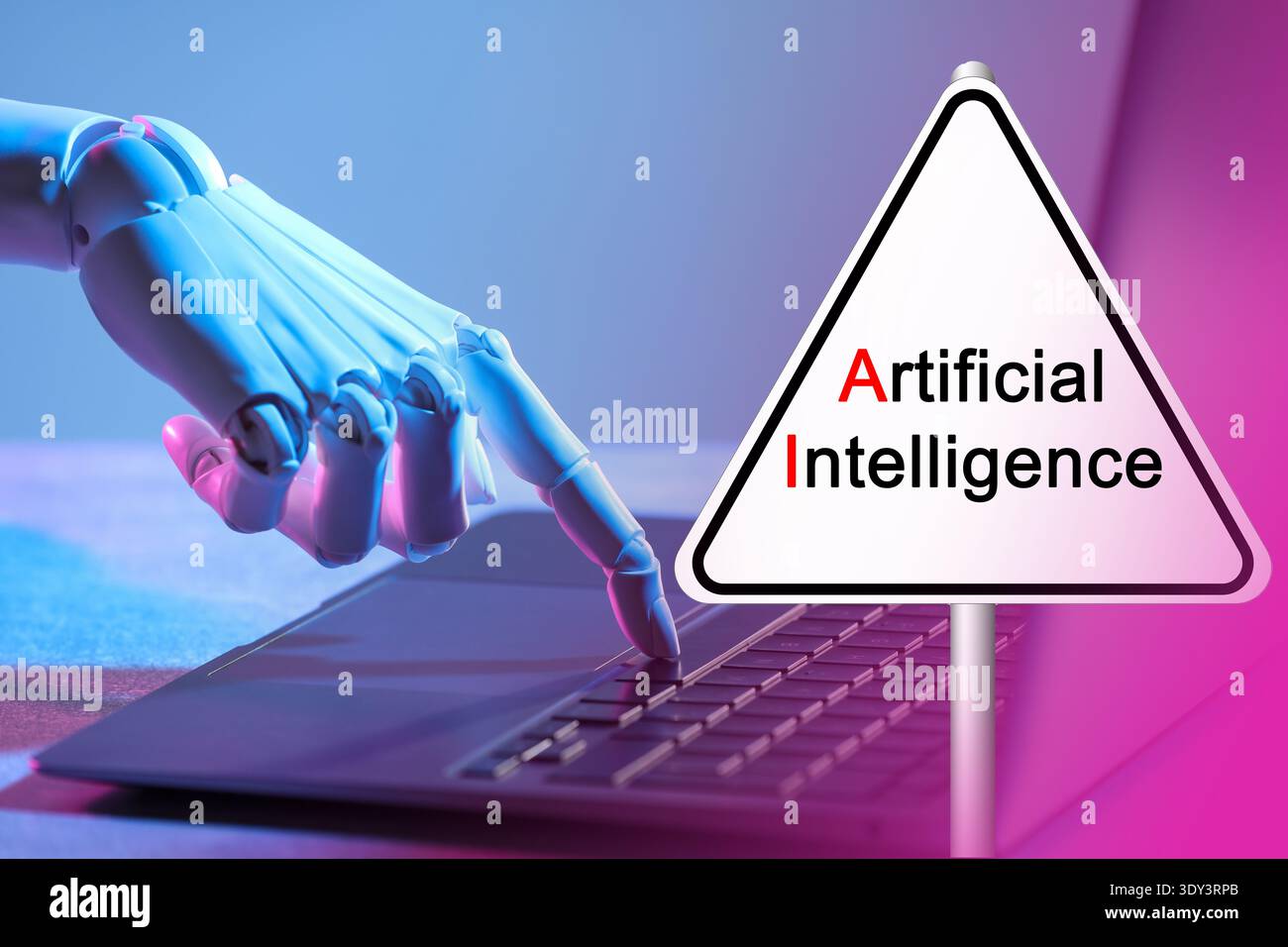 Robot using laptop. Sign with text Artificial Intelligence Stock Photo