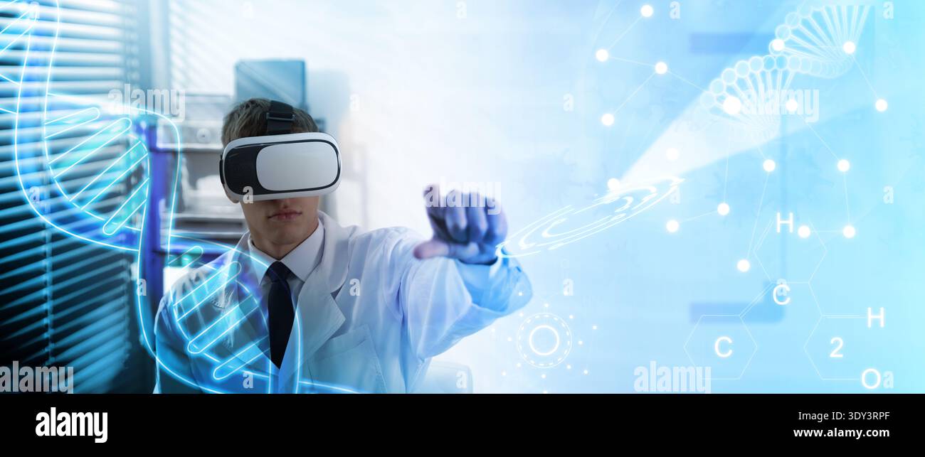 Scientist using VR headset, double exposure with virtual elements. Future technology in biochemistry Stock Photo
