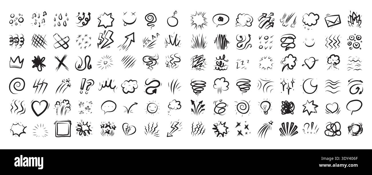 Set bundle Line cartoon comic expression icons. Doodle movement marks ...