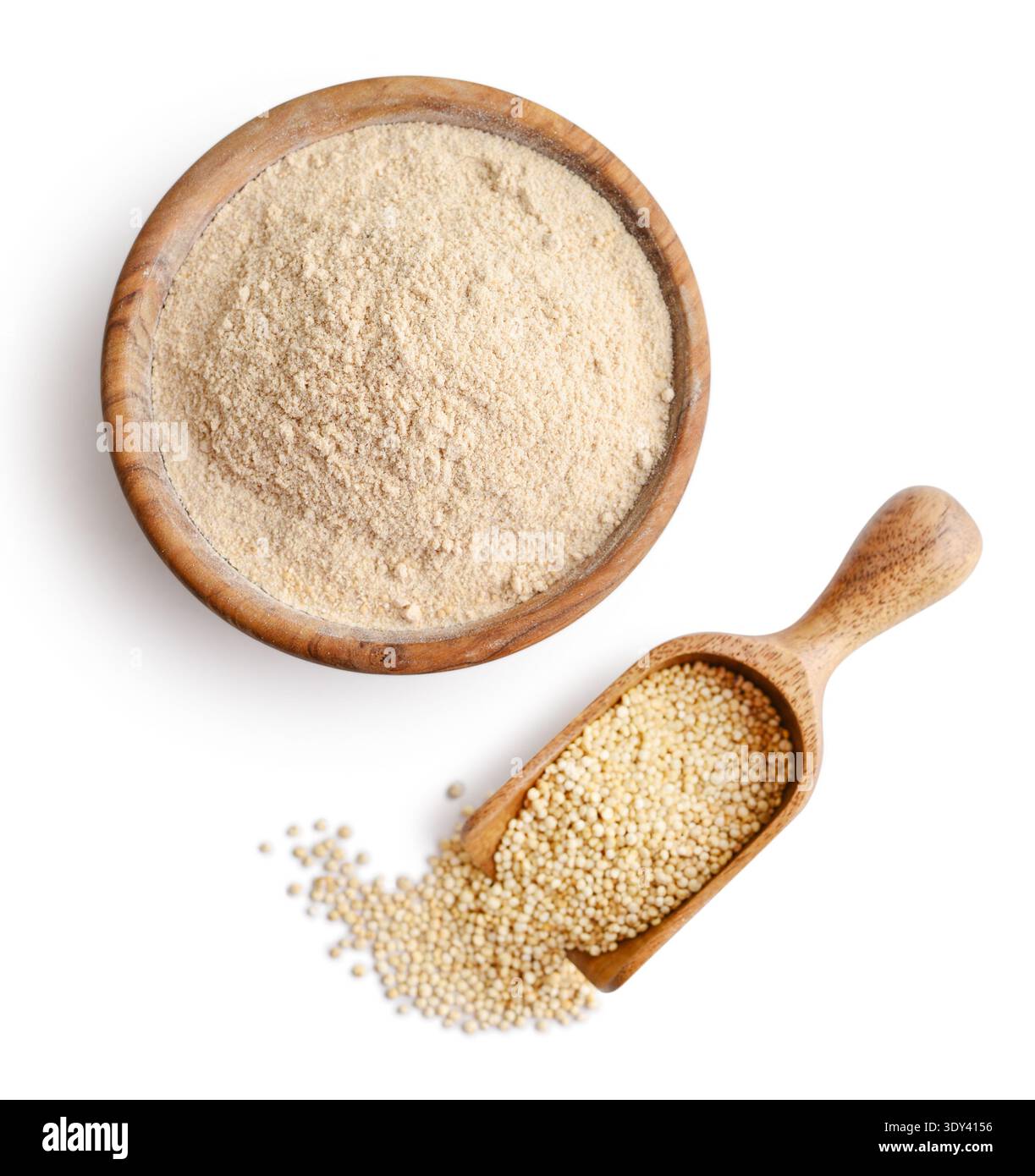 Amaranth flour in wooden bowl isolated on white background, top view. Clipping path included Stock Photo