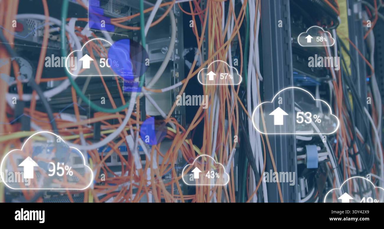 Vertical video: Servers initiating sync, messy cables sending data while cloud UI showing upload % Stock Photo