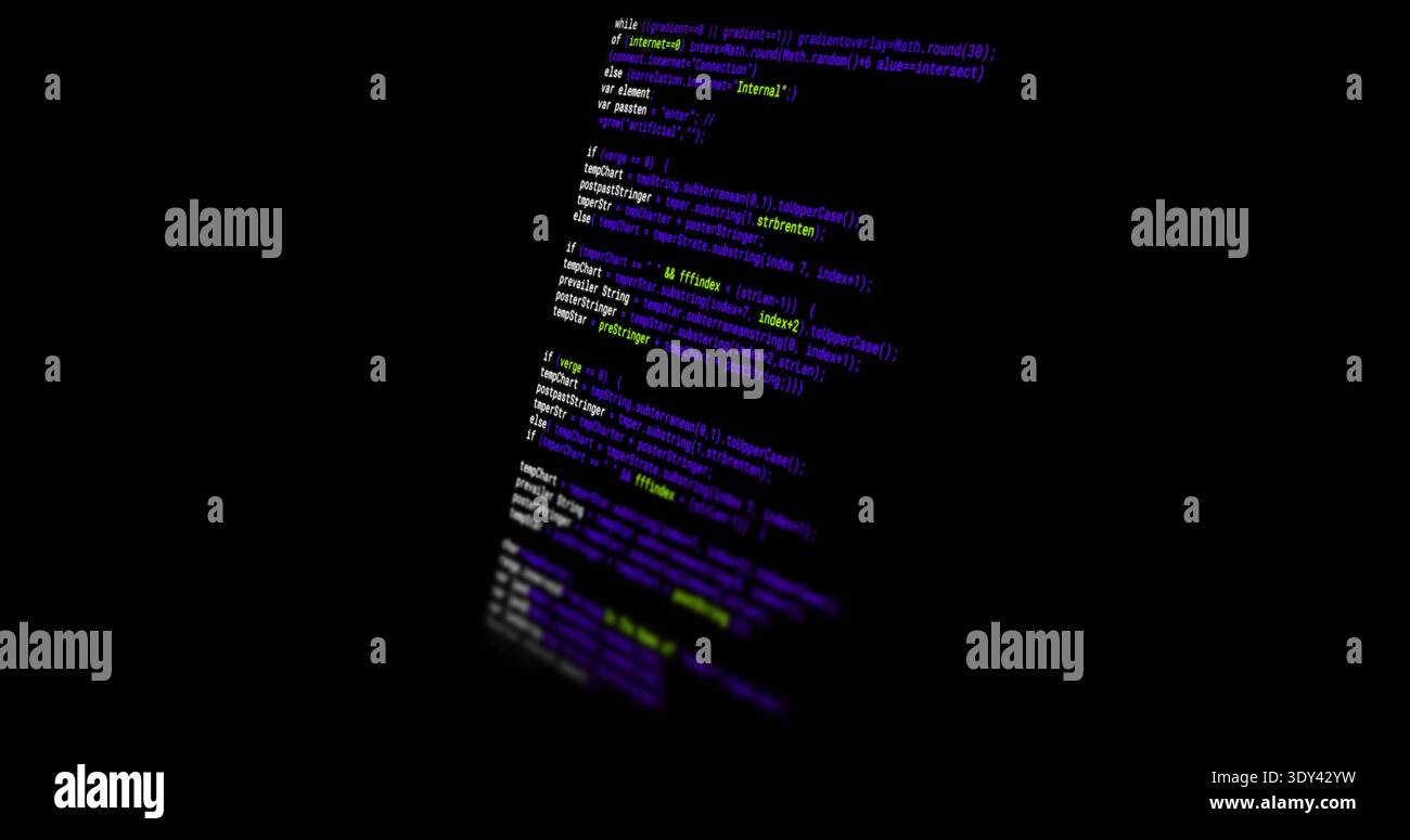 Displaying syntax code column tilting in dark background, blurred edges, black space, copy space Stock Photo