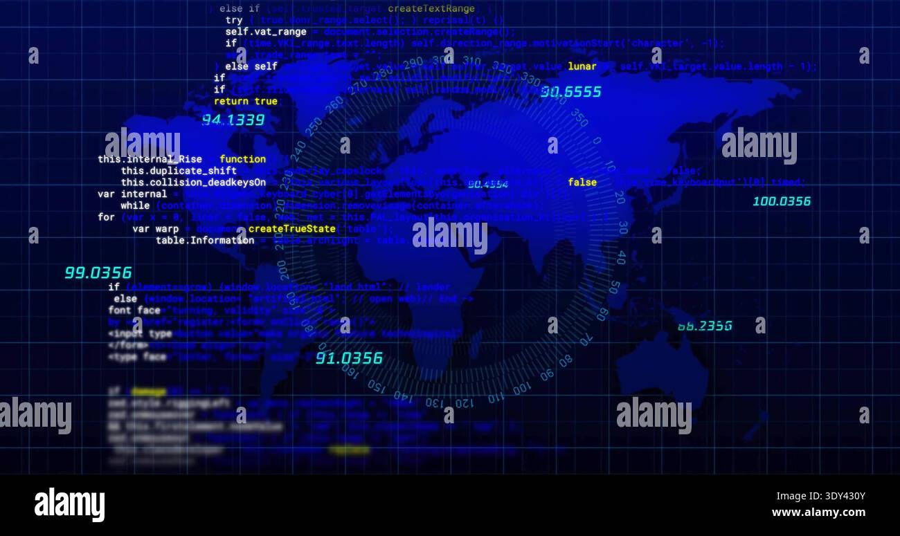 Displaying centered world map and radar rings on computer dashboard, showing grid and code readouts Stock Photo
